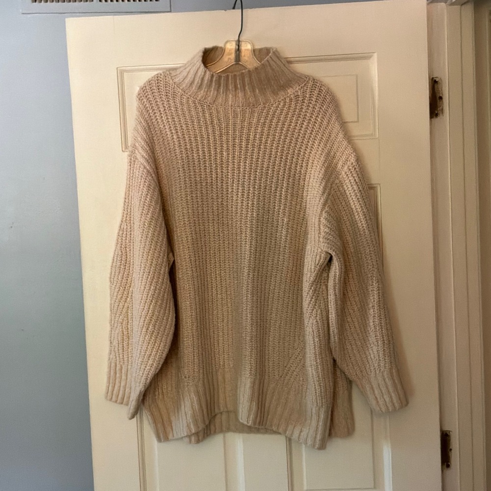 Anthropologie Maeve Cream Shaker Knit Mock Neck Sweater 1X Boho Cozy Neutral